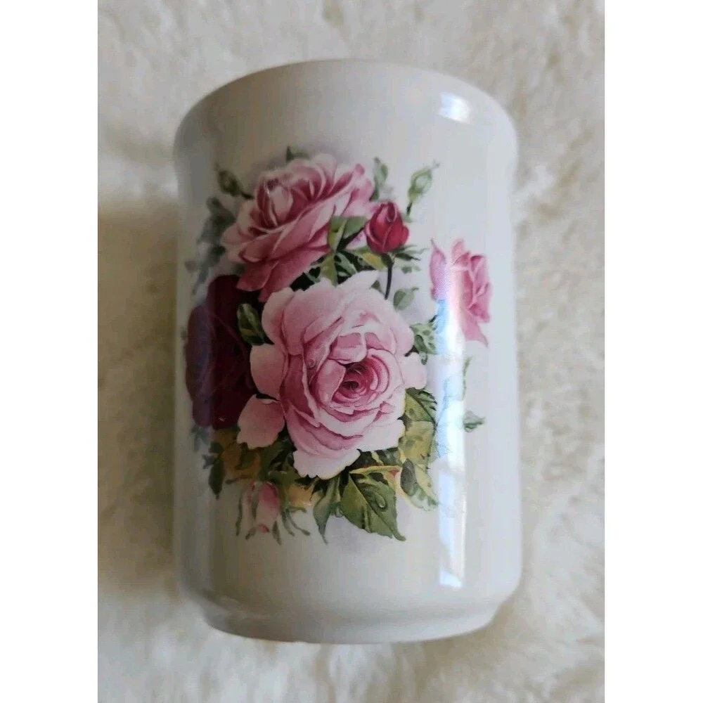Vintage Crowne Oaks Designs Rose Floral Porcelain Toothbrush Holder & Soap Dish